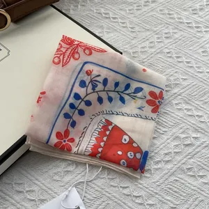 Elegant floral cotton linen neck scarf with blue geometric borders and red flower patterns