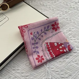 Floral cotton linen square scarf for women with red and pink botanical illustrations