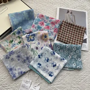 Assorted vintage floral cotton linen square neck scarves in multiple retro prints