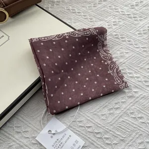 Vintage paisley and polka dot linen-cotton blend small square scarf for women in deep brown