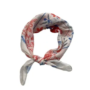 Floral cotton linen square scarf in beige with red and blue botanical patterns