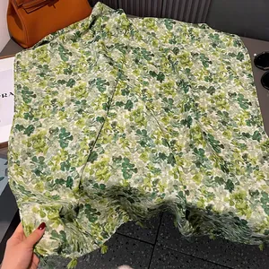 Floral print green cotton shawl with tassels for women summer sun protection