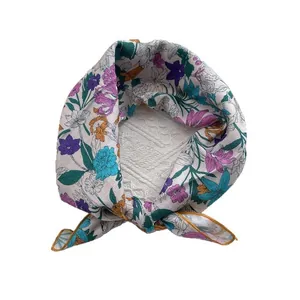 Floral print breathable cotton linen square scarf for women with elegant knotted styling