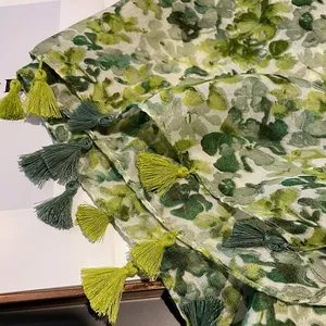 Artistic yellow-green floral cotton scarf with fringe trim and watercolor leaf pattern