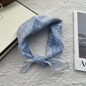 Light blue paisley linen cotton square headscarf with soft texture and floral patterns