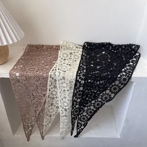 Lace cotton daisy crochet shawl and headscarf set in brown, beige, and black colors