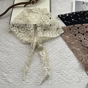 Lace crochet daisy floral triangle headscarf in beige black and pink colors