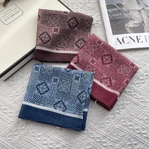 Three vintage printed cotton linen scarves in navy, burgundy, and brown colors