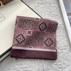 Retro totem print square scarf in brown and beige colors with a soft cotton-linen feel