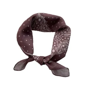 Deep brown paisley cotton linen square scarf with silky satin finish for women