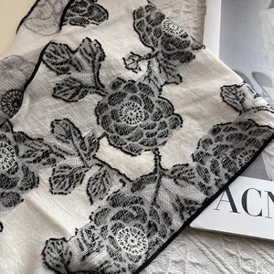 Floral embroidery triangle headscarf with black rose lace pattern on white fabric