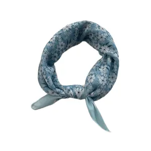 Blue floral cotton linen neck scarf with white flower print and elegant knot design