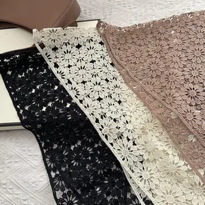 Hollow daisy lace shawl available in black, beige, and pink cotton crochet fabric