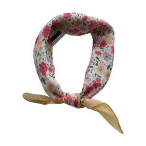 Floral print dopamine square scarf with ivory base and ginger yellow border trim