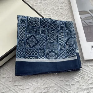 Navy blue vintage totem printed square scarf in cotton-linen with geometric patterns