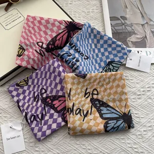 Korean Style Checkered Butterfly Square Scarf For Women Soft Cotton Printed Neck Scarf Hair Tie Fashion Accessories
