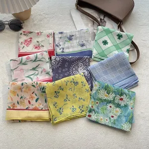Japanese retro floral cotton square scarves collection in multiple colors and patterns