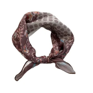 Vintage floral and polka dot square scarf in red-brown and beige soft fabric