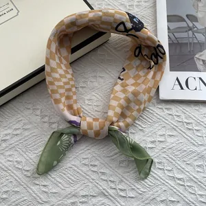 Checkerboard and floral print small silk scarf with yellow and green patchwork design