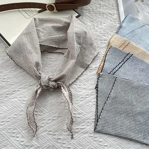 Plaid cotton linen triangular scarf with retro wave edge stitching in five assorted colors