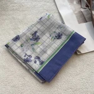 Japanese retro floral cotton square scarf with blue blossoms and thin gray grid pattern