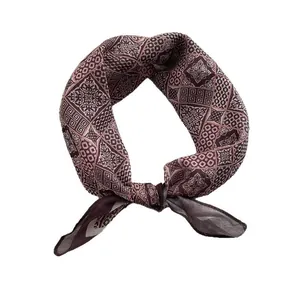 Retro geometric print square scarf in dark brown and pink, soft vintage cotton linen feel