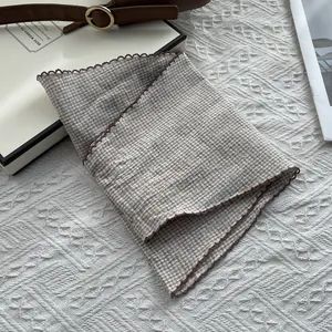 Japanese style checkered cotton neck scarf with vintage brown scalloped crochet lace edges