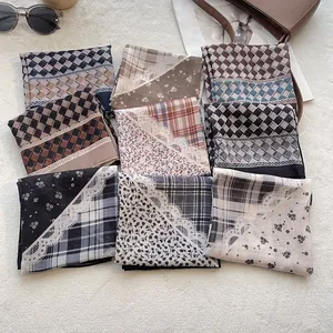 Vintage Maillard Katoenen Vierkante Sjaal Voor Vrouwen Retro Raster Bloemen Neckerchief Mode Haarelastiek Bandana Hoofddoek Accessoire