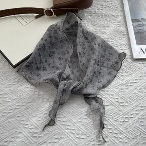Floral cotton linen triangular scarf in vintage grey with delicate wavy edge finishing
