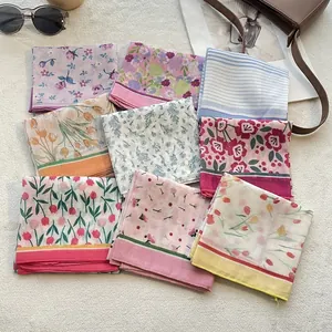 Floral cotton linen square scarves collection with elegant vintage pastoral patterns