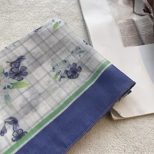 Japanese style vintage cotton floral square scarf with blue patterns on white grid