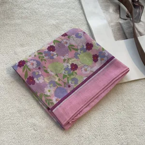 Floral print cotton linen square scarf in pink with elegant vintage flower patterns