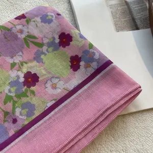 Floral print cotton linen square scarf for women in pink pastoral style with fine stitching