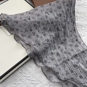 Grey floral cotton linen scarf with ruffled edges and lightweight vintage texture