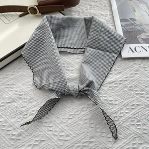 Japanese style gray plaid cotton neckerchief with decorative scallop edge embroidery