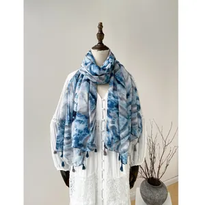 Blue and white gradient ink floral cotton linen scarf with elegant tassel detailing
