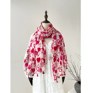 Pink linen long scarf for women with red heart patterns and decorative fringes