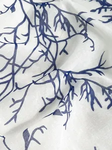 Detailed macro view of the woven texture on blue and white porcelain pattern silk scarf