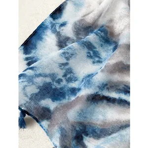 Blue and grey abstract floral cotton linen scarf with elegant tassel trim detailing