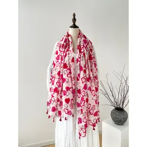 Pink heart pattern linen scarf with red tassels, elegant long shawl for beach travel
