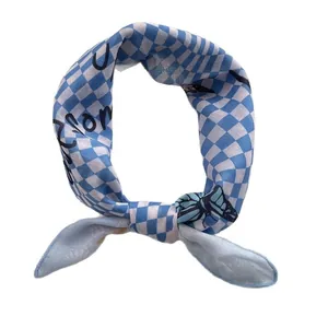 Blue and white checkered square silk scarf with butterfly print and calligraphy detail