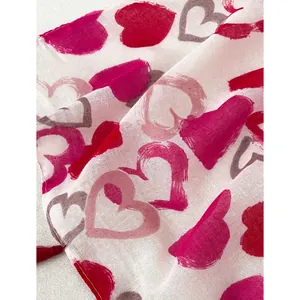 Lightweight cotton linen scarf for women with red heart print and elegant tassels