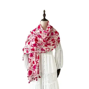 Pink heart print cotton linen scarf for women with red tassel edge on white background