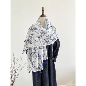 New Chinese Style Scarf Women Cotton Linen Blue And White Porcelain Print Long Tassel Shawl Ethnic Printed Sun Wrap