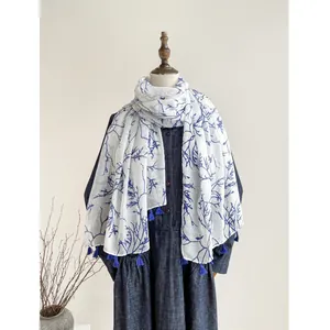 Blue and white porcelain style lightweight scarf with tassels for women, floral branch pattern