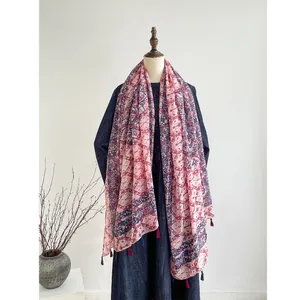 Floral cotton linen scarf with vintage tassels and blue-pink sun protection shawl