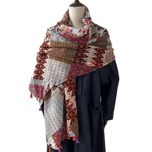 Bohemian geometric print scarf with colorful tassels and soft lightweight fabric