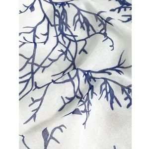 Blue and white porcelain style linen scarf with nature inspired branch pattern for women
