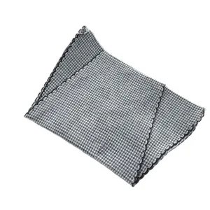 Japanese style black and white plaid cotton scarf with elegant wave stitched edges