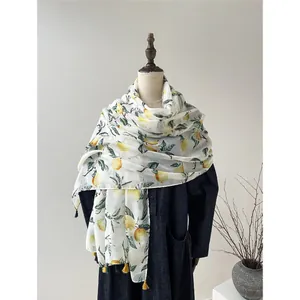Écharpe de Mode pour Femmes Imprimé Citron Avec Glands Mélange Coton Lin Protection Solaire Été Châle de Plage Léger